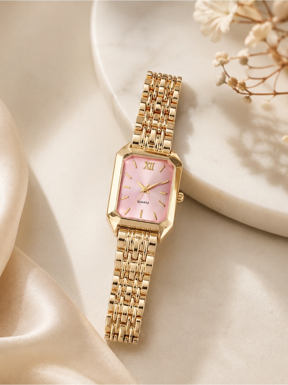 Gold Bracelet Watch with Pink Dial